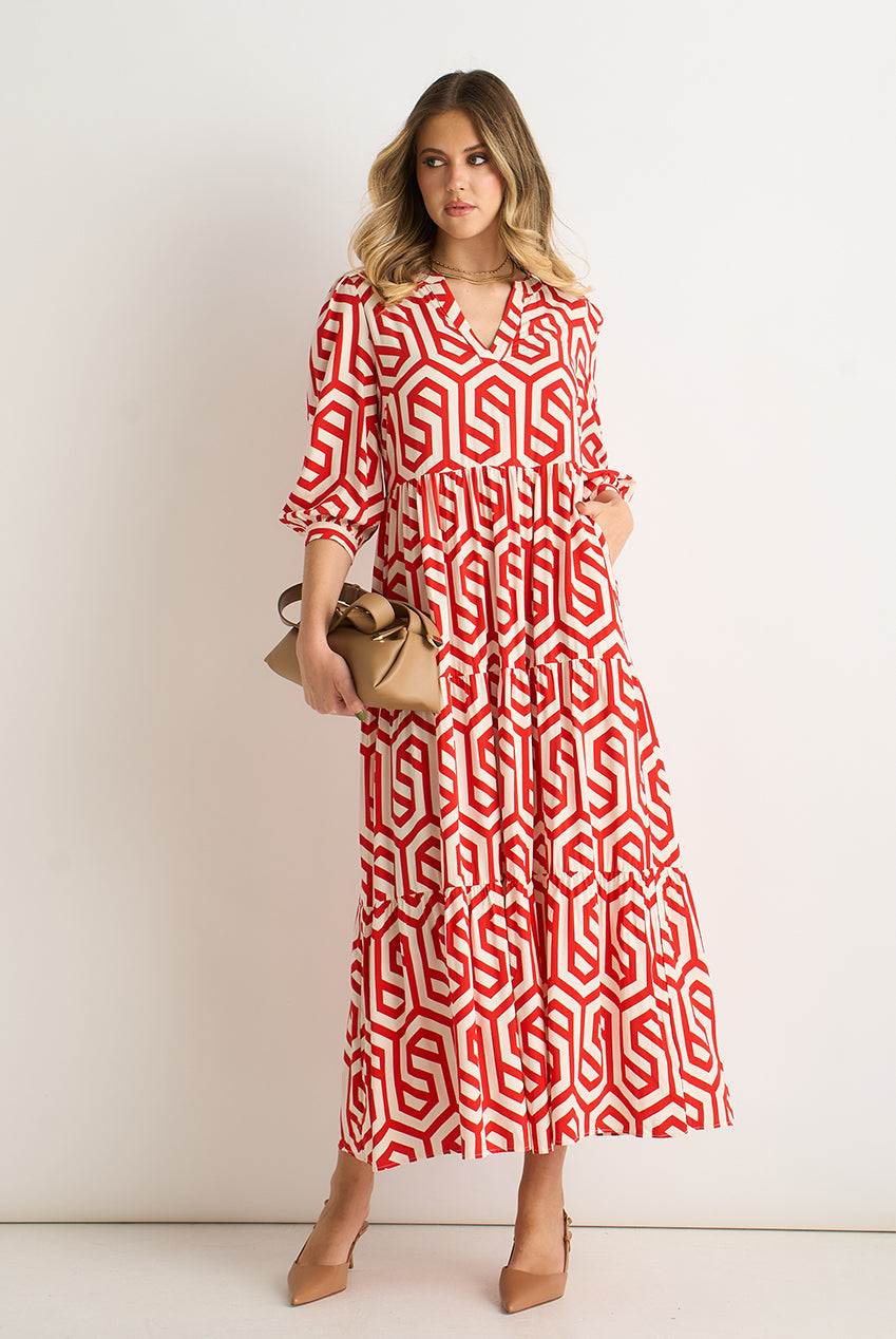 Red Geo Print Smock Maxi Dress GL911