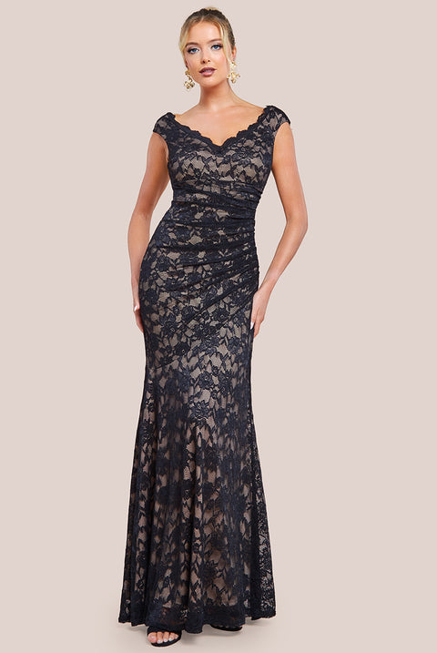 Off The Shoulder Scalloped Neck Maxi Dress - Black by Goddiva