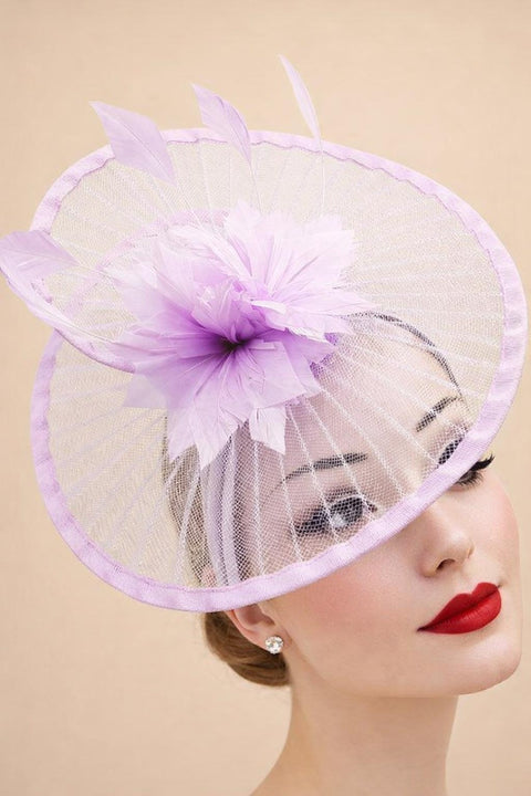 Spiral Circular Brim Fascinator With Feathers Burst In Lilac by SVNX