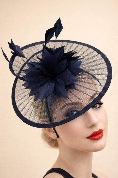 Spiral Circular Brim Fascinator With Feathers Burst In Navy by SVNX