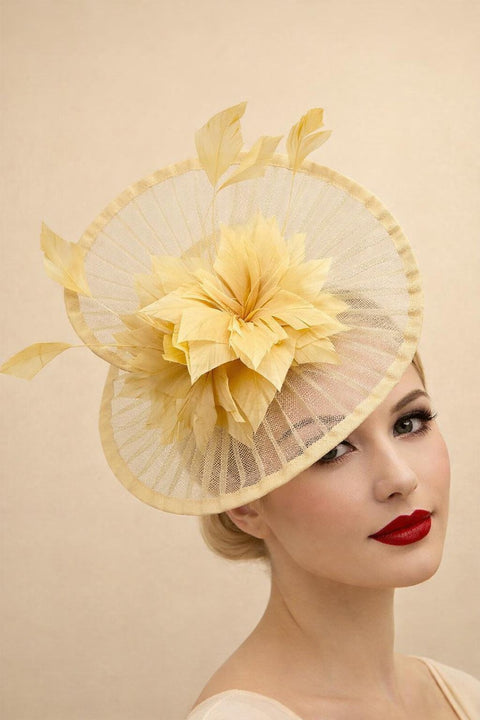 Spiral Circular Brim Fascinator With Feathers Burst In Beige by SVNX