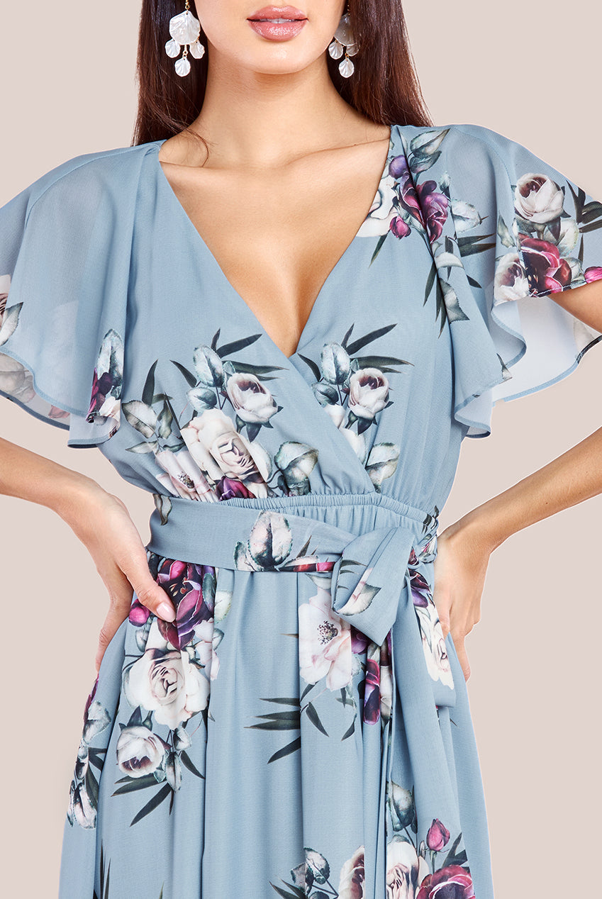 Sustainable Printed Flutter Sleeve Maxi Dress - Airforce Blue DR1582BBS