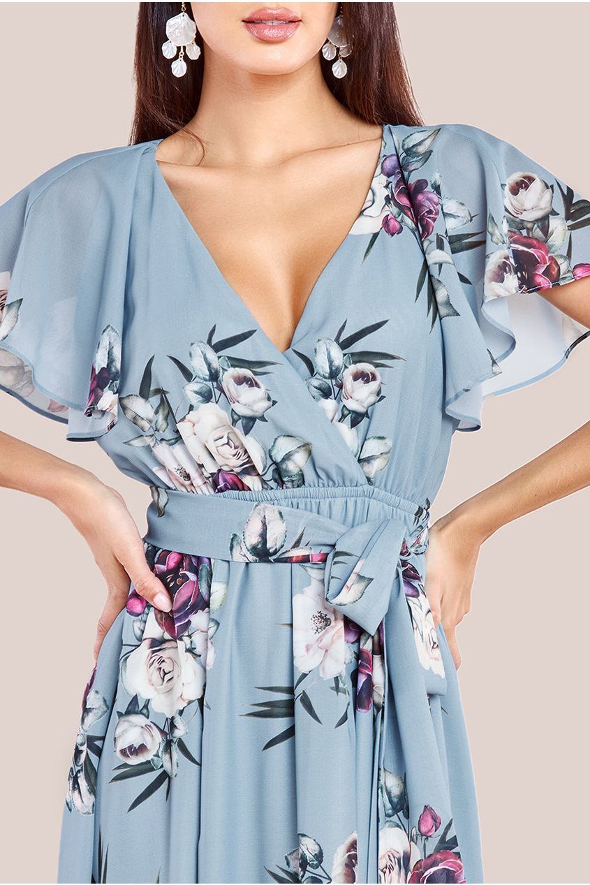 Sustainable Printed Flutter Sleeve Maxi Dress - Airforce Blue DR1582BBS