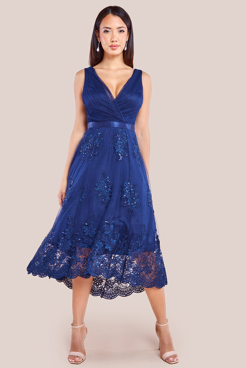 Pleated Satin Bodice High And Low Dress - Navy DR3337QZ