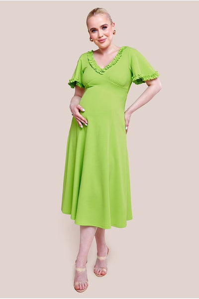 Maternity Flare Sleeve Frill Edge Midi Dress - Lime Green | Goddiva Maternity Flare Sleeve Frill Edge Midi Dress - Lime Green | Goddiva