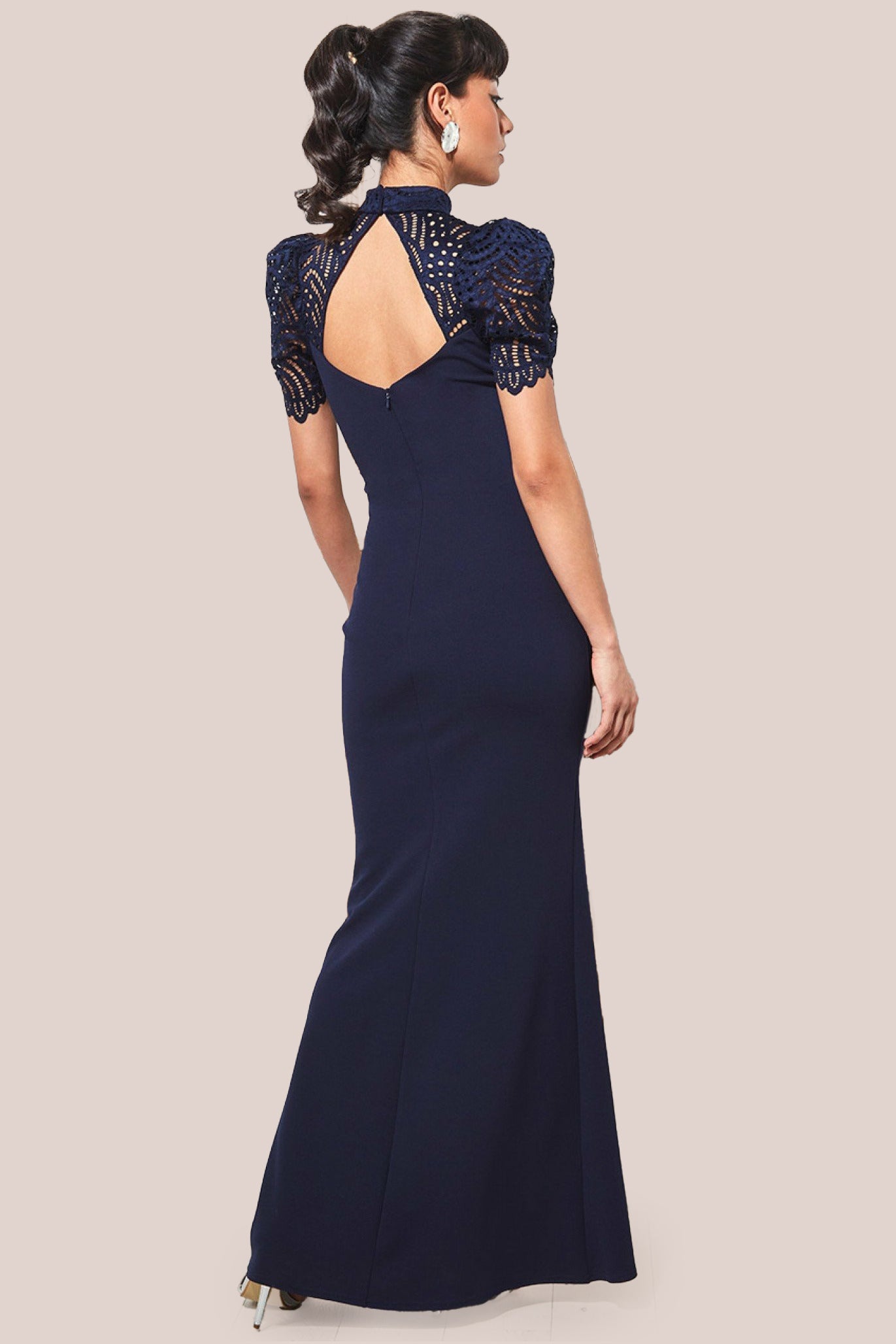 Open Back Puffed Lace Top Maxi Dress - Navy DR2942