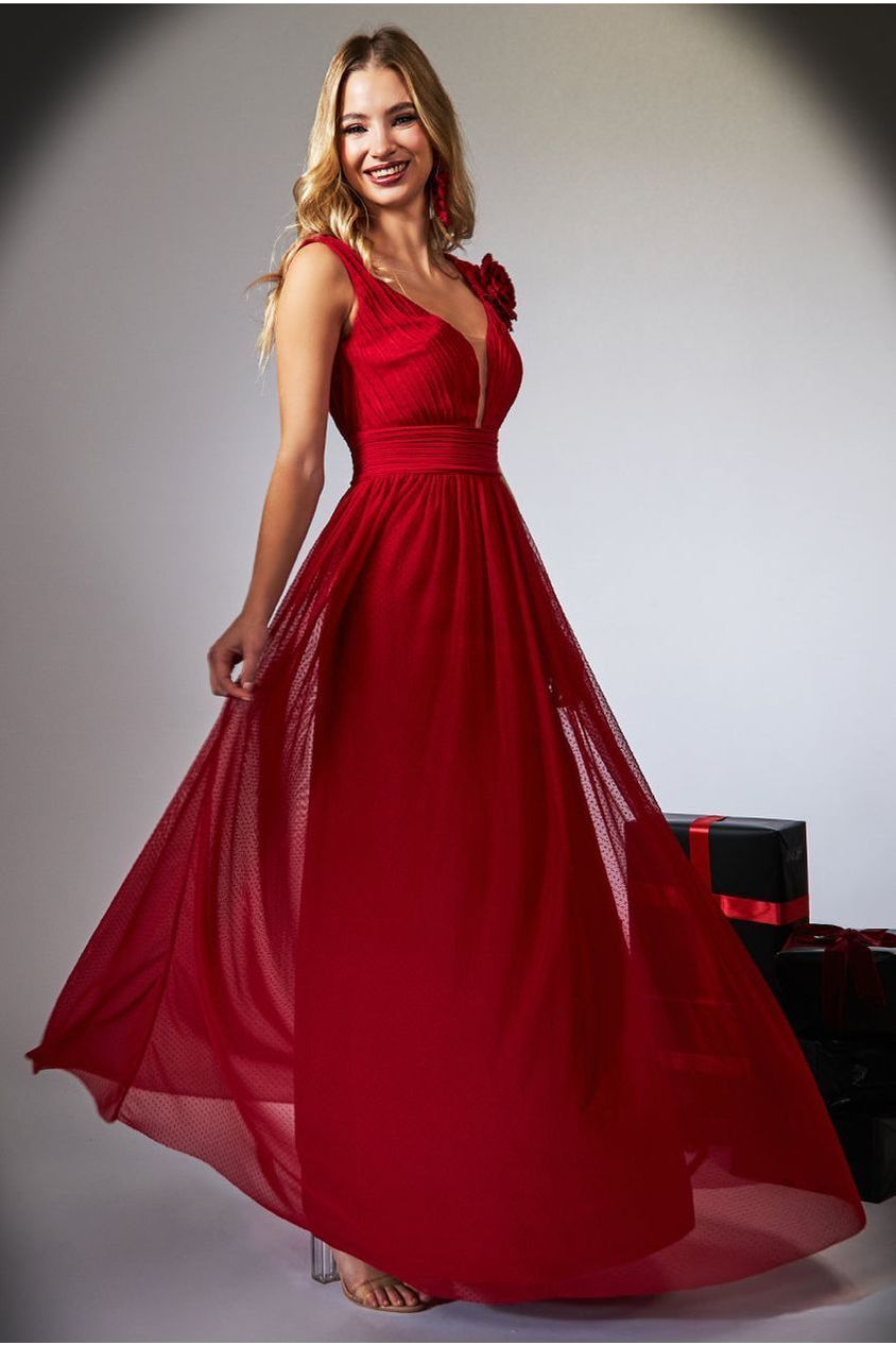Sleeveless Pleated Dobby Mesh Corsage Maxi Dress - Red DR4294