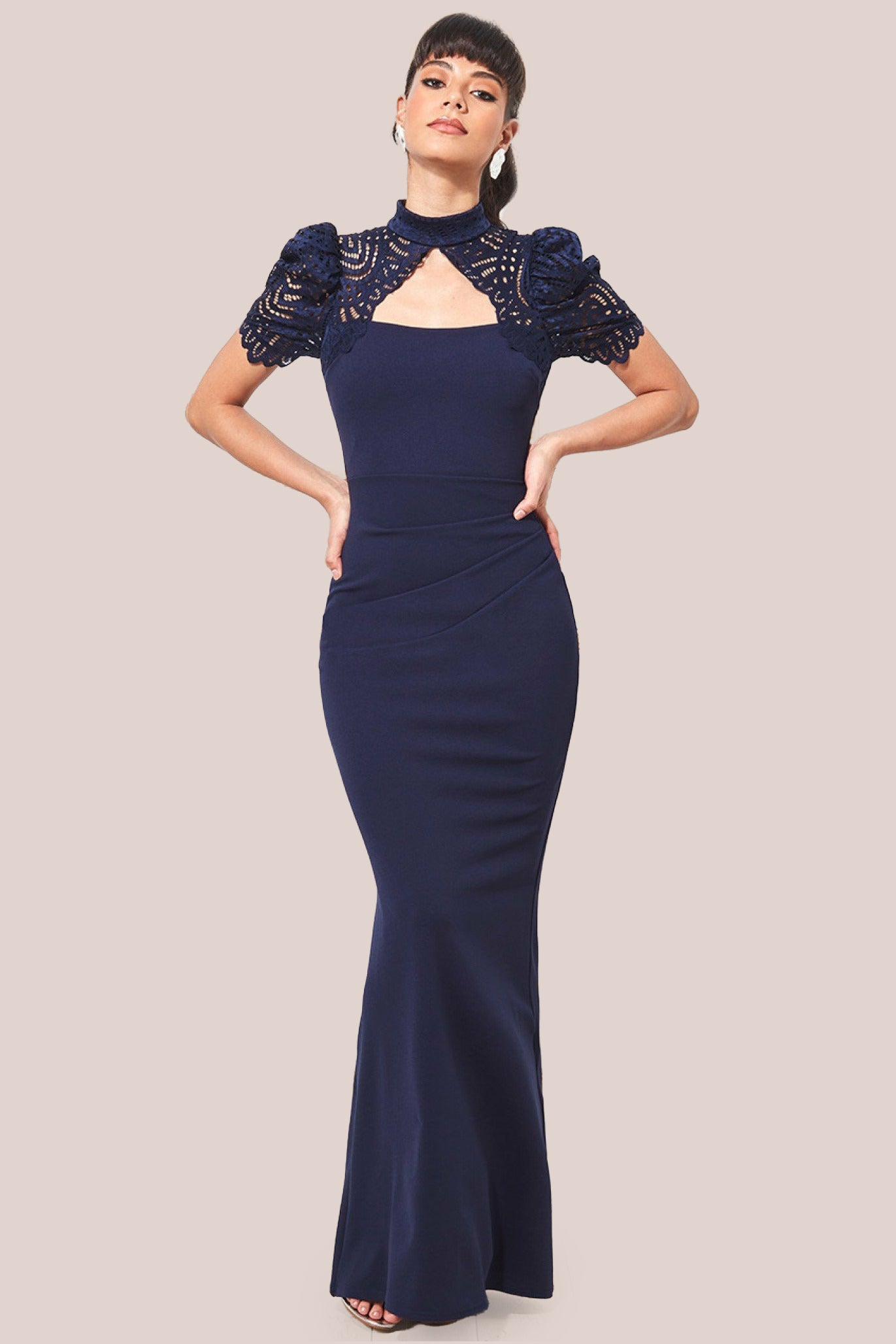 Open Back Puffed Lace Top Maxi Dress - Navy DR2942