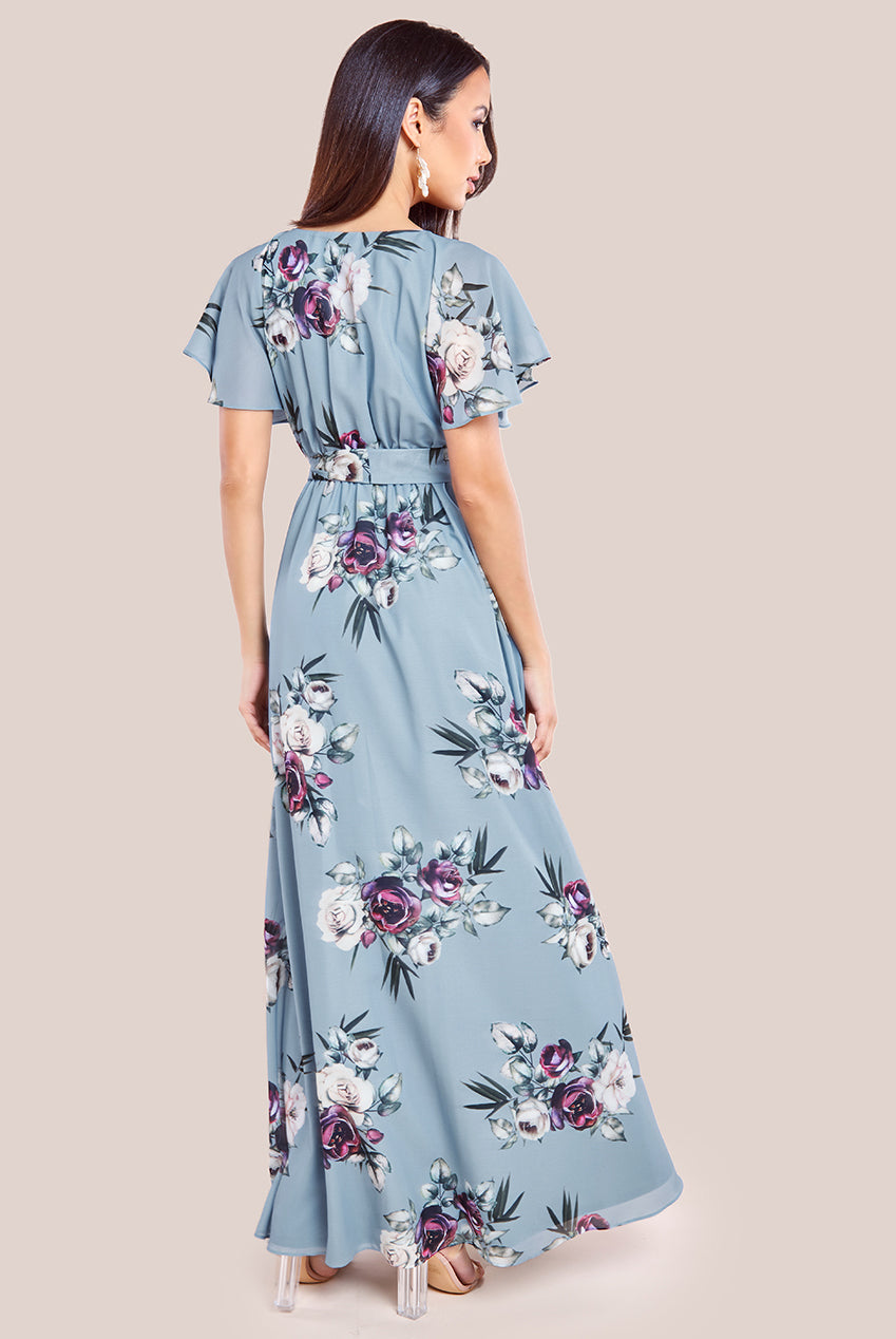 Sustainable Printed Flutter Sleeve Maxi Dress - Airforce Blue DR1582BBS