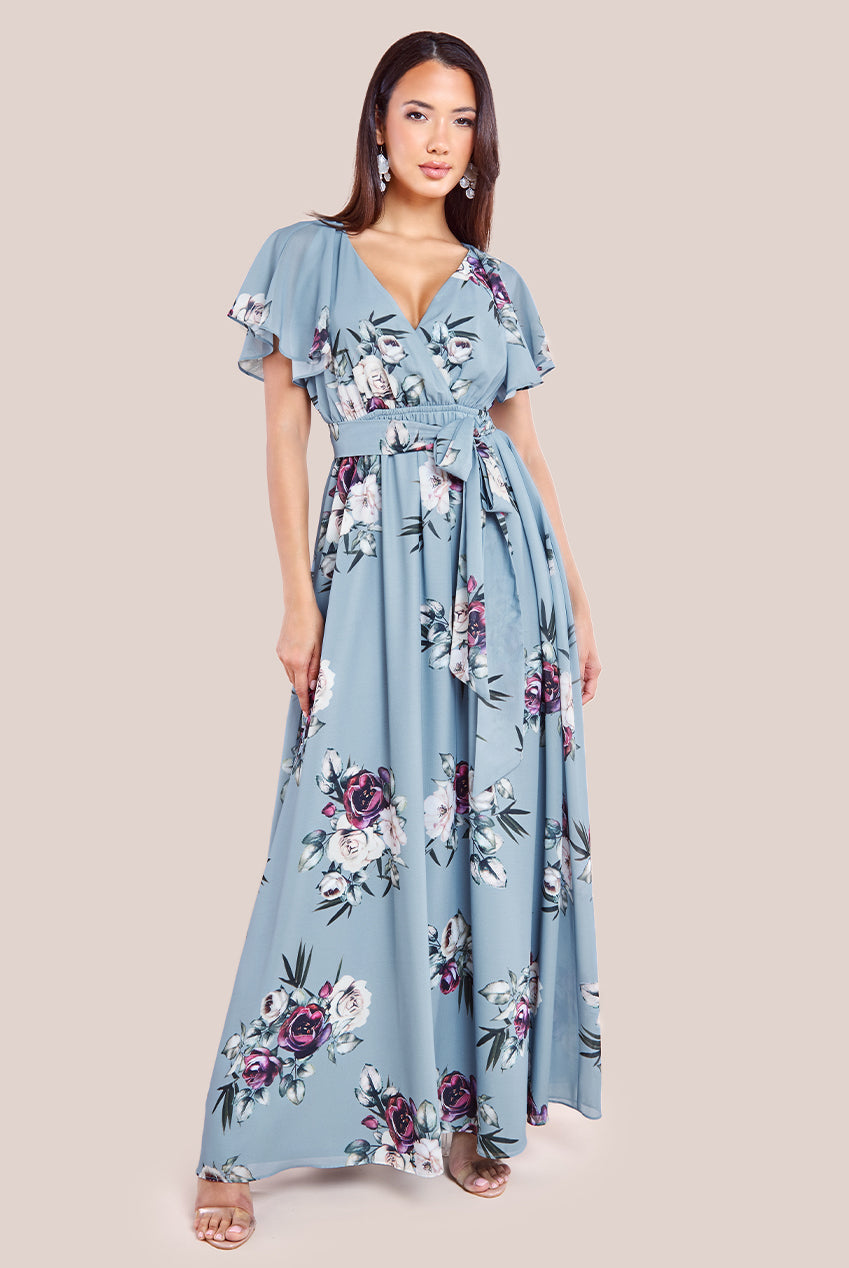 Sustainable Printed Flutter Sleeve Maxi Dress - Airforce Blue DR1582BBS