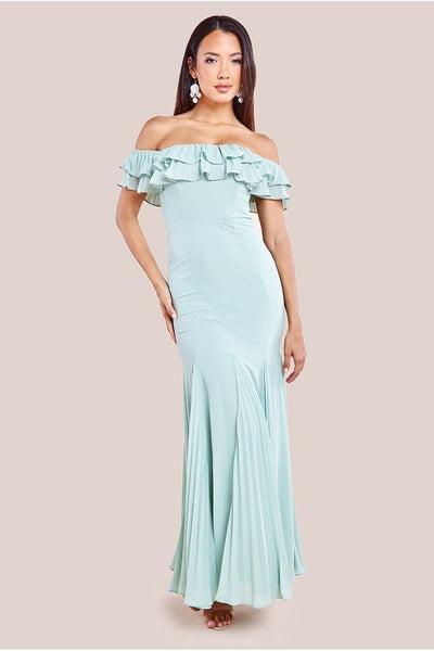 Frilled Off The Shoulder Pleated Chiffon Maxi Dress - Sage Green by Goddiva