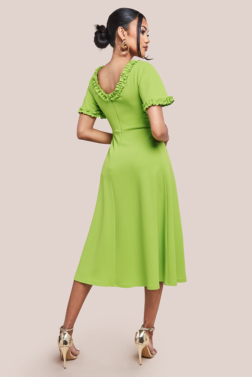 Flare Sleeve Frill Edge Midi Dress - Lime Green DR4313