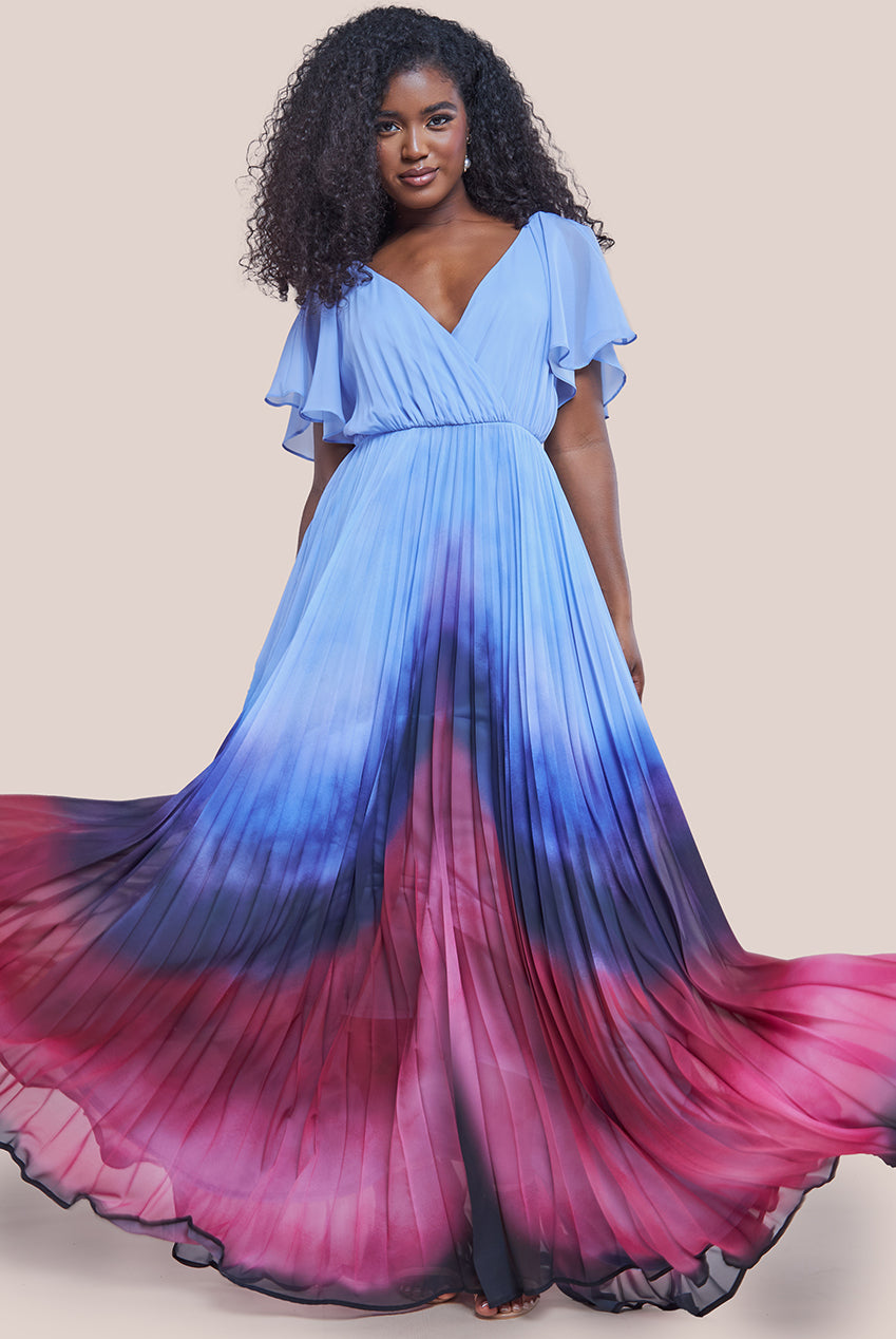 Wavy Ombre A-Line Chiffon Maxi Dress - Blue DR4207