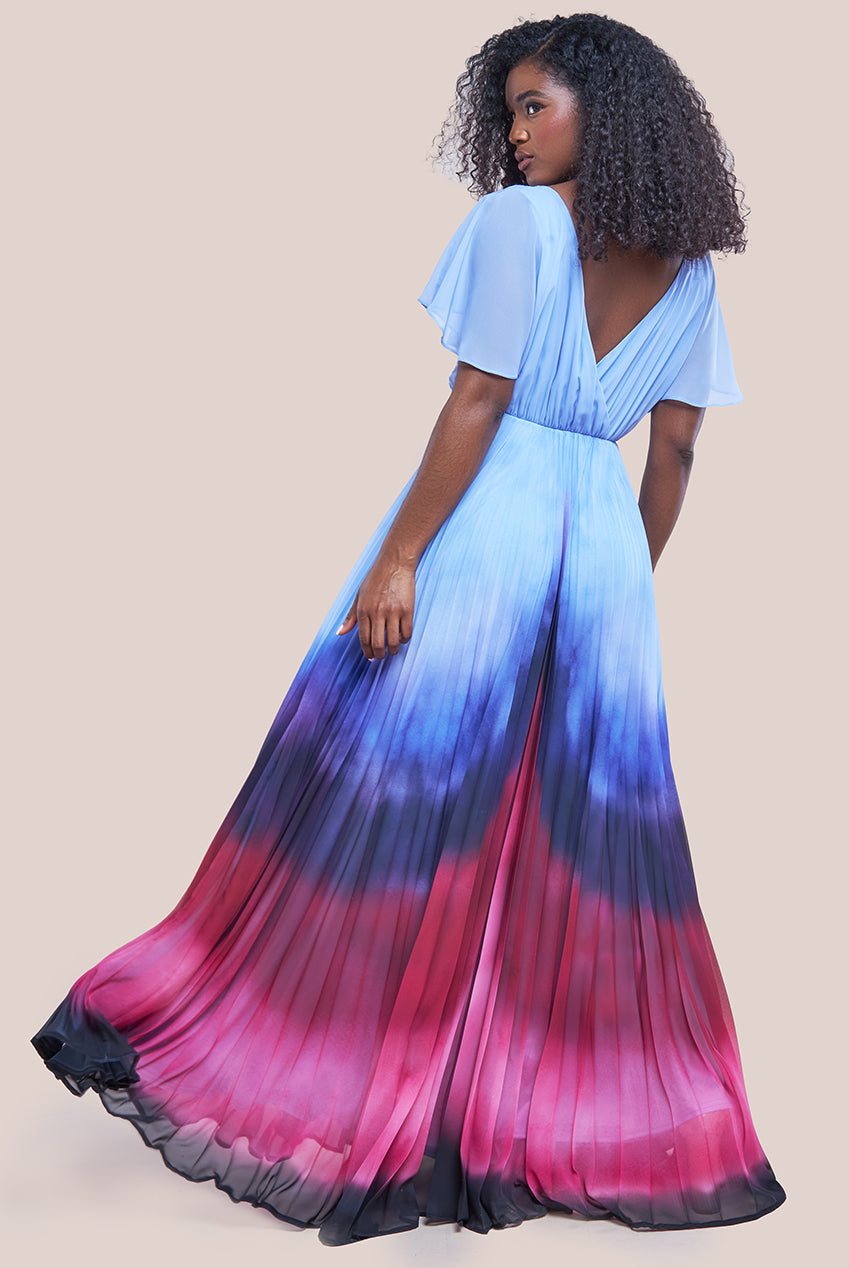 Wavy Ombre A-Line Chiffon Maxi Dress - Blue DR4207