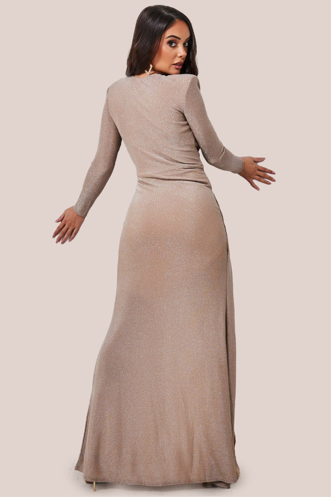 Plunge Neck Wrap Front Split Lurex Maxi Dress - Nude DR3314