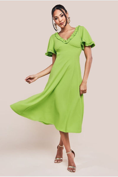 Flare Sleeve Frill Edge Midi Dress - Lime Green | Goddiva Flare Sleeve Frill Edge Midi Dress - Lime Green | Goddiva