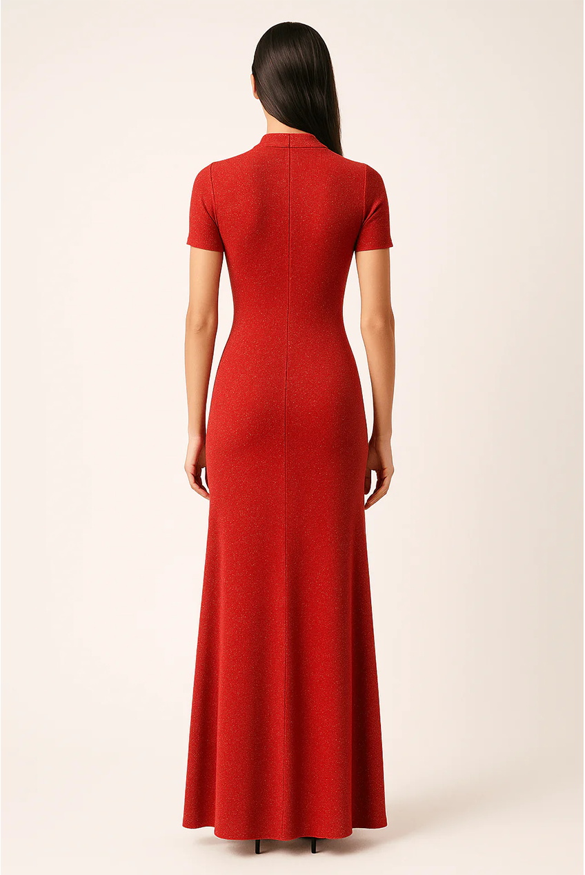 Keyhole Detailed Sparkly Slim Fit High Neckline Maxi Dress AV-IMD2606RD