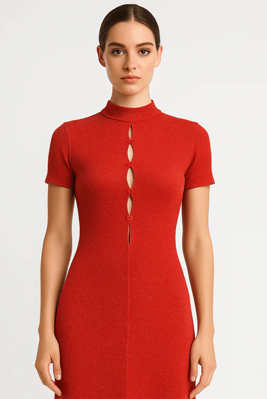 Keyhole Detailed Sparkly Slim Fit High Neckline Maxi Dress AV-IMD2606RD