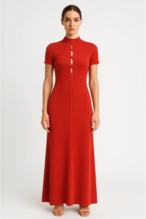 Keyhole Detailed Sparkly Slim Fit High Neckline Maxi Dress by Avinci