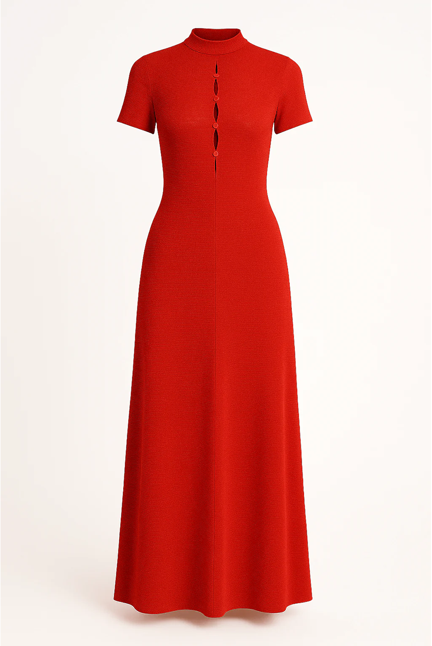 Keyhole Detailed Sparkly Slim Fit High Neckline Maxi Dress AV-IMD2606RD