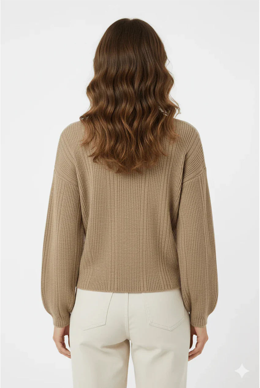 Beige Lightweight Classic Front Button Ribbed V-Neck Top AV-NCB490-TOP