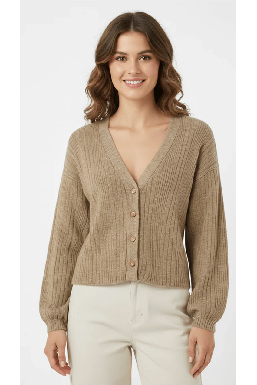 Beige Lightweight Classic Front Button Ribbed V-Neck Top AV-NCB490-TOP