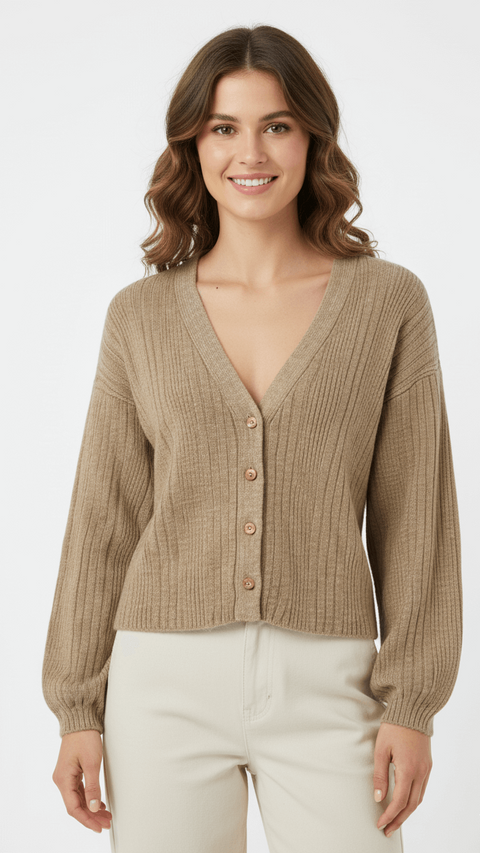 Lightweight Classic Front Button Ribbed V-Neck Top by Avinci