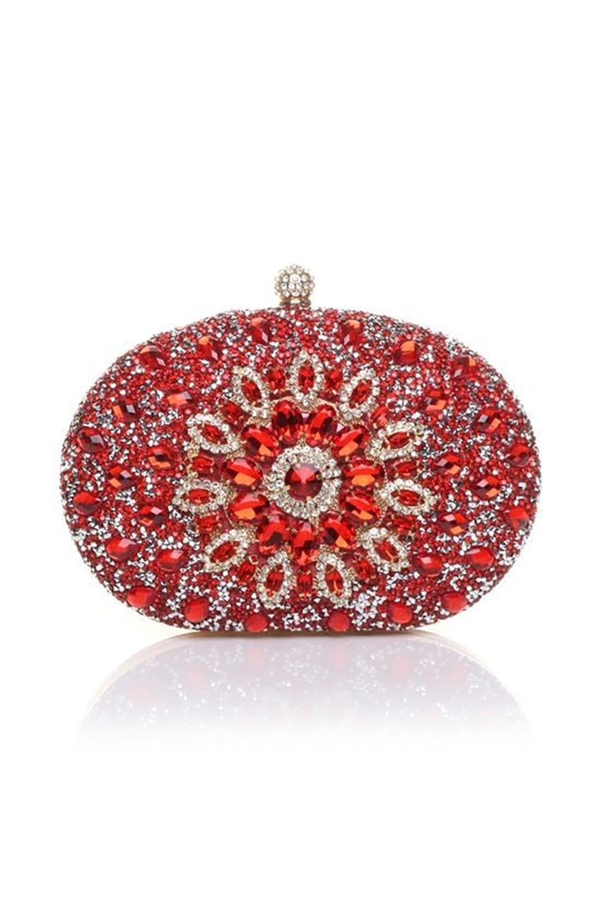 Oval Diamante Embellished Clutch Bag In Red HB345704