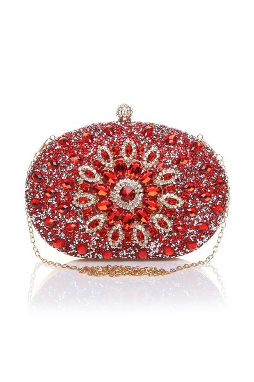 Oval Diamante Embellished Clutch Bag In Red HB345704