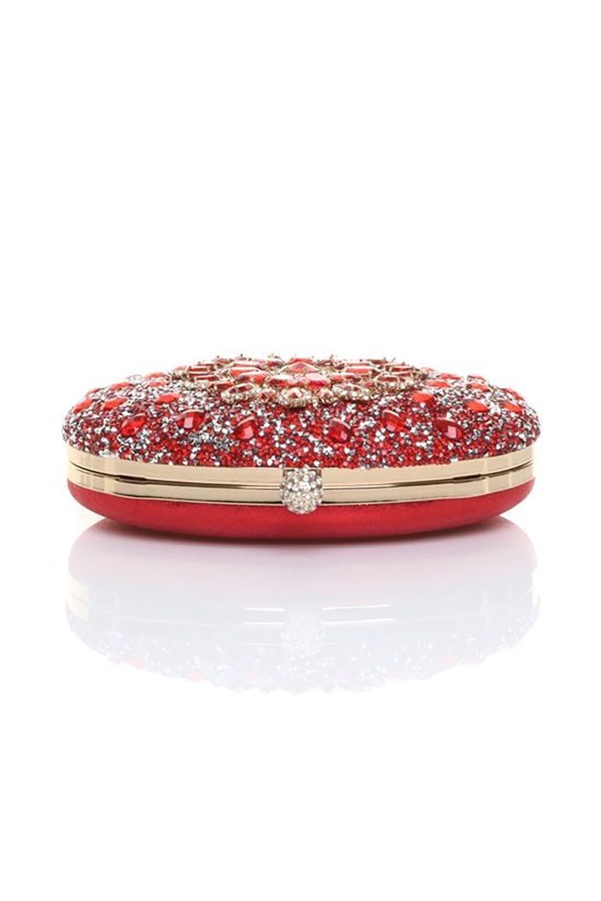 Oval Diamante Embellished Clutch Bag In Red HB345704