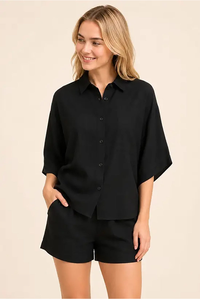 Black Textured Linen Look Oversized Shirt Co-ord AV-2255