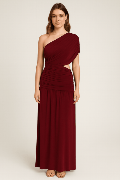 Wine - One Shoulder Draping Detailed Side Cut Out Maxi Dress by Avinci