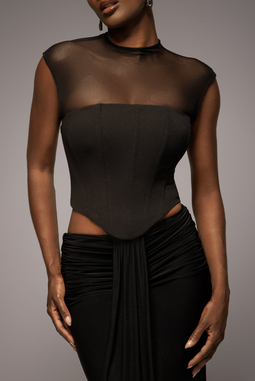 High Neck Open Back Lace Up Scuba Corset Top - Black T226
