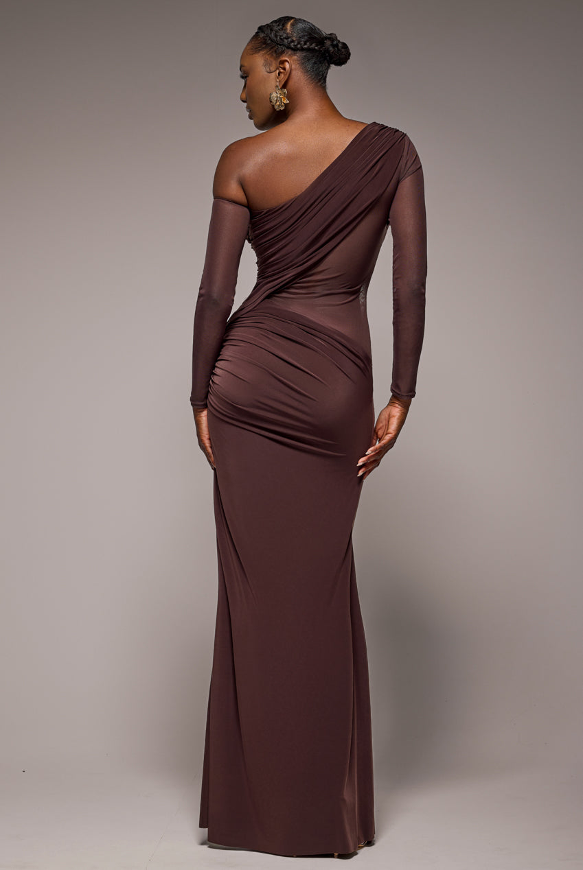 Gathered Cowl Asymmetric Mesh And Soft Touch Maxi Dress - Brown DR4800