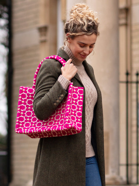 Moroccan Geometric Print Fabric Tote Bag In Pink by Berber Leather