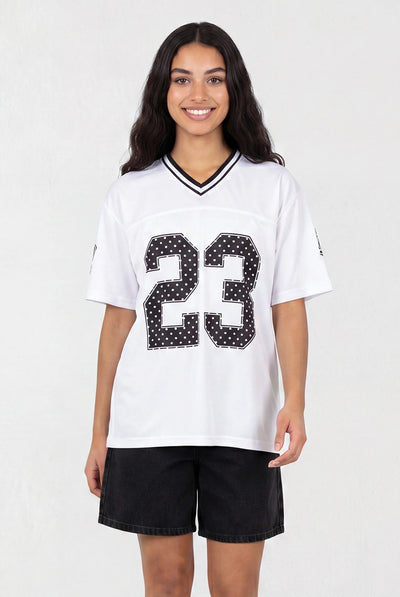 White - Polka Dot Detail Sports Jersey by Pink Vanilla