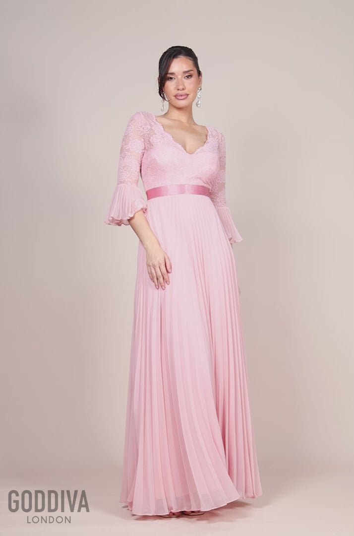 Scalloped Lace Bodice Pleated Chiffon A Line Maxi Dress - Blush Pink DR4390