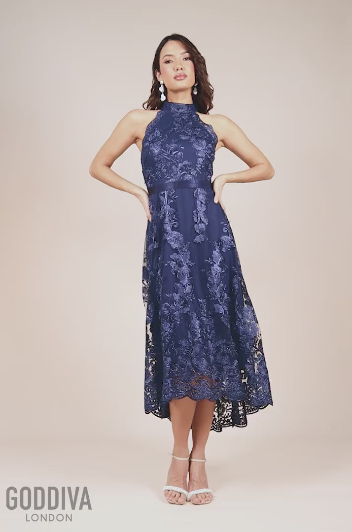 Halter Neck Lace High And Low Dress - Navy DR3346QZ