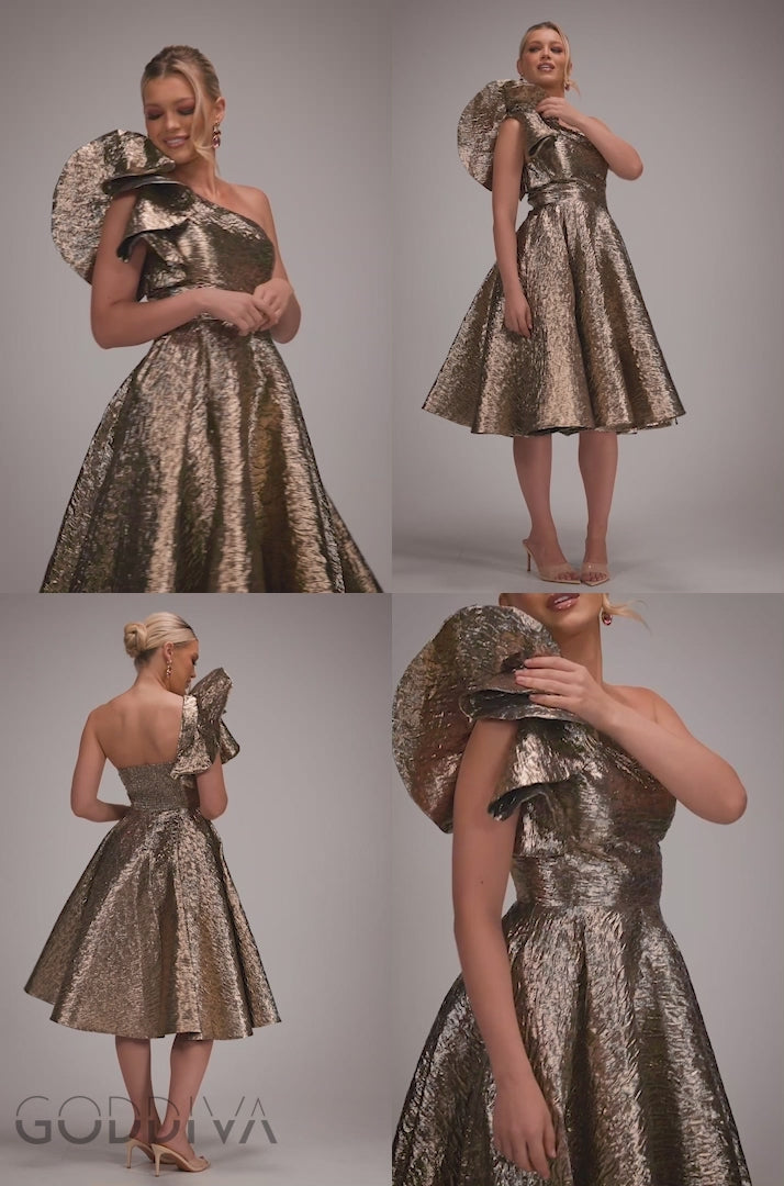 One Shoulder Frill Jacquard Skater Midi Dress - Bronze Gold DR4811