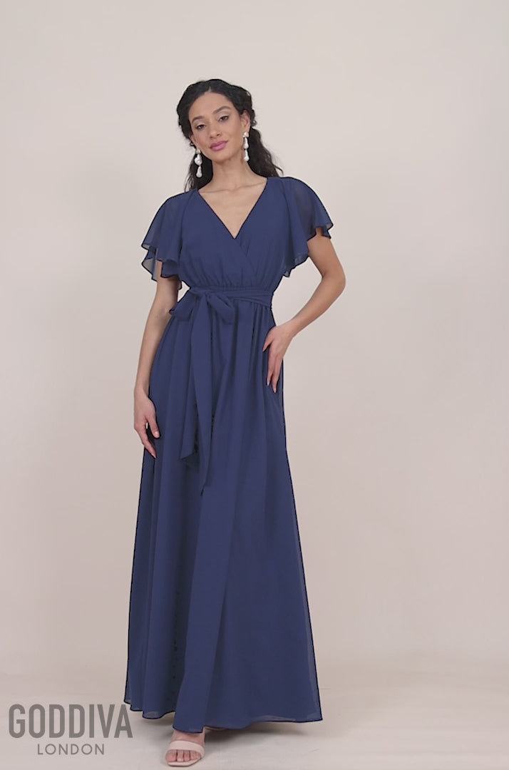 Sustainable Chiffon Flutter Sleeve Wrap Maxi Dress - Navy DR2486BBS