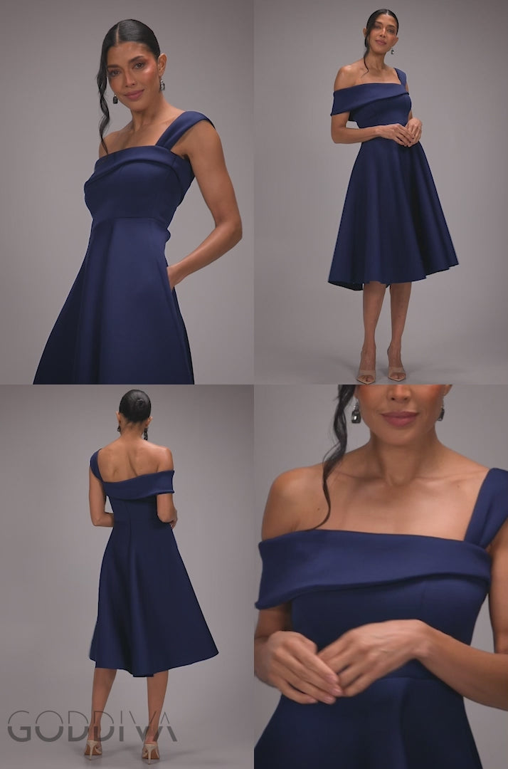 One Shoulder A-Line Midi Dress - Navy Blue DR4949