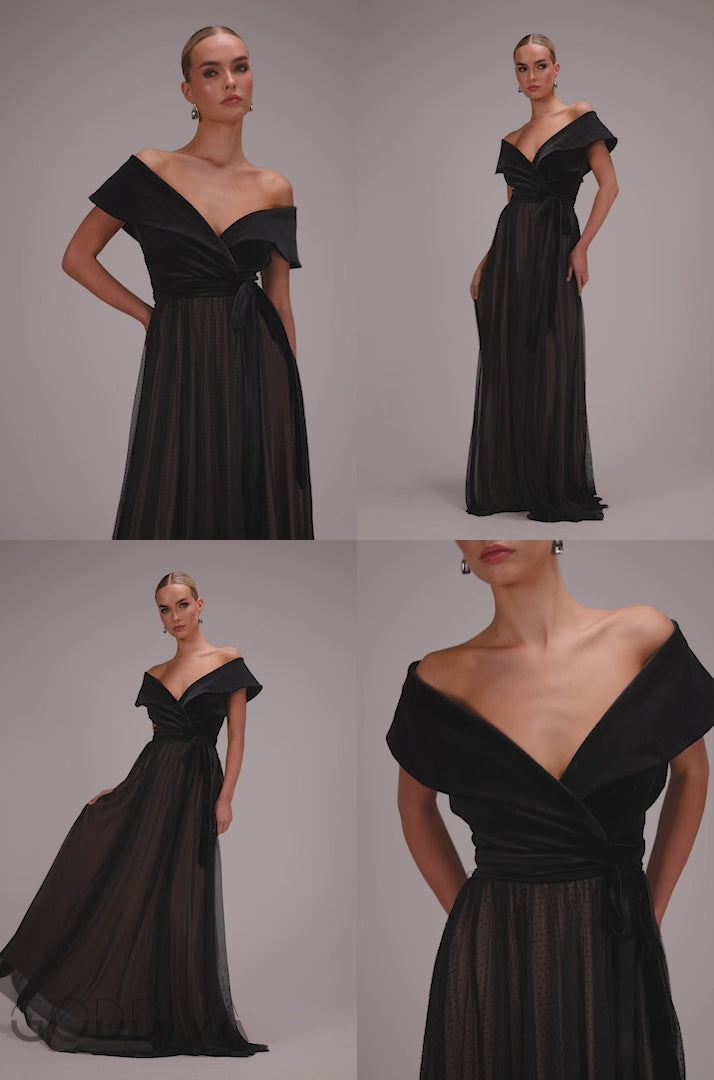 Velvet Bardot Dobby Mesh A Line Maxi Dress - Black DR4827