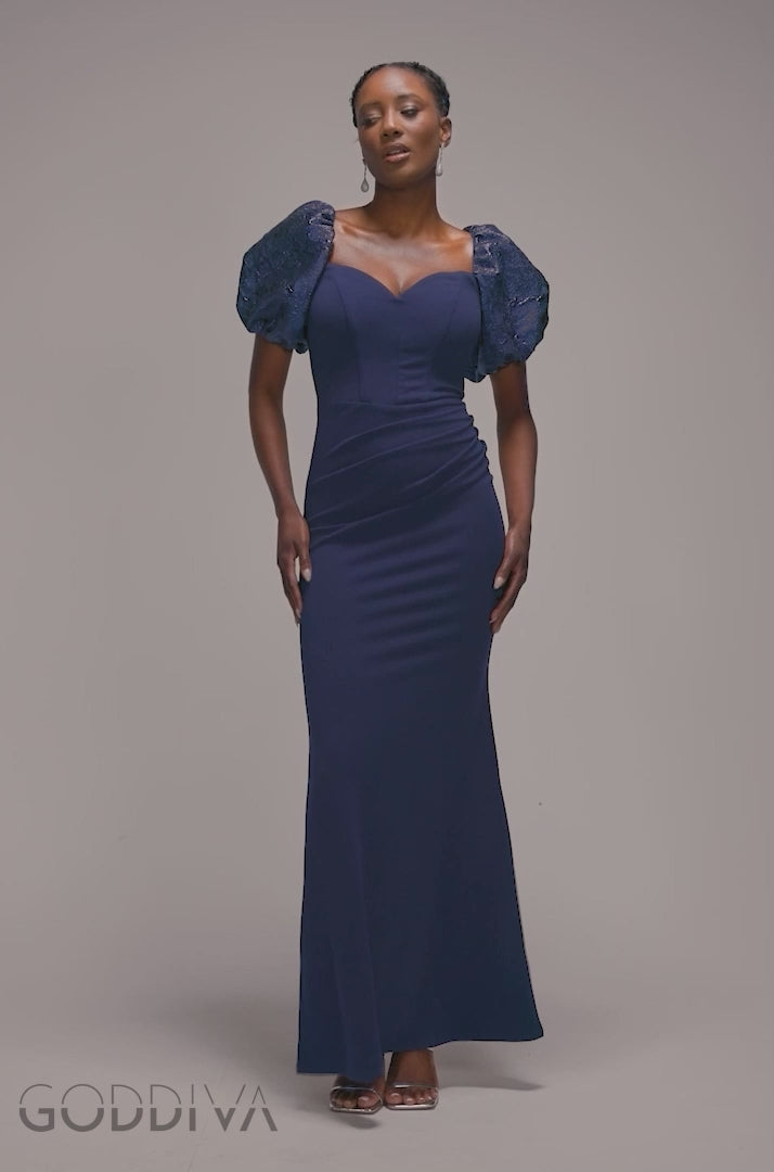 Jacquard Puff Sleeve Sweetheart Scuba Maxi Dress - Navy Blue DR4819