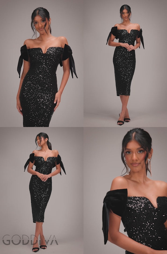 Sequin Off The Shoulder Velvet Bow Midi Dress - Black DR4895