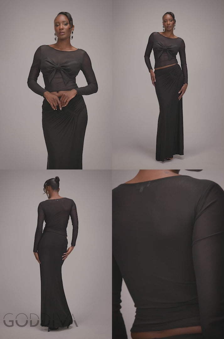 Asymmetric Gathered Front Split Maxi Skirt - Black SK62