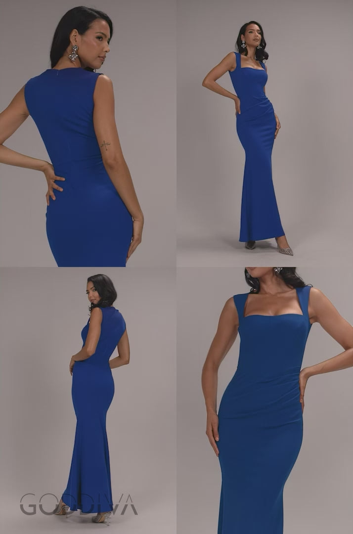 Sleeveless Waist Pleated Scuba Crepe Maxi Dress - Royal Blue DR5291