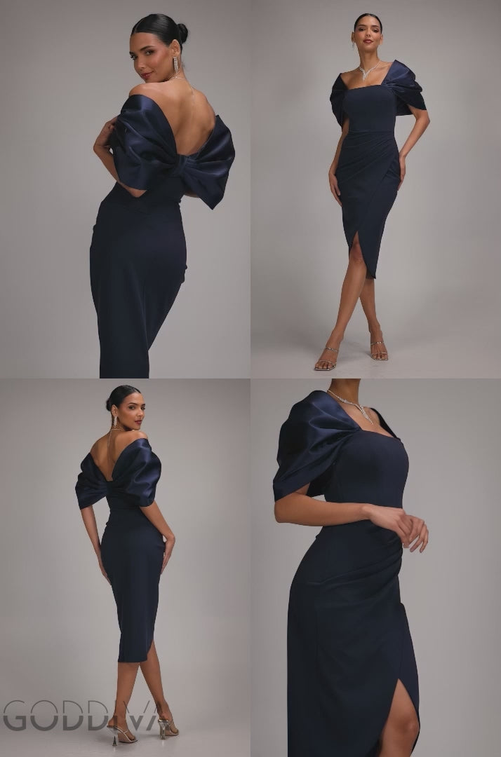 Off Shoulder Back Satin Bow Wrap Crepe Midi Dress - Navy Blue DR4939