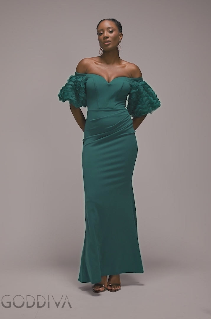 Off The Shoulder 3D Puffed Sleeve Sweetheart Maxi Dress - Emerald Green DR4637