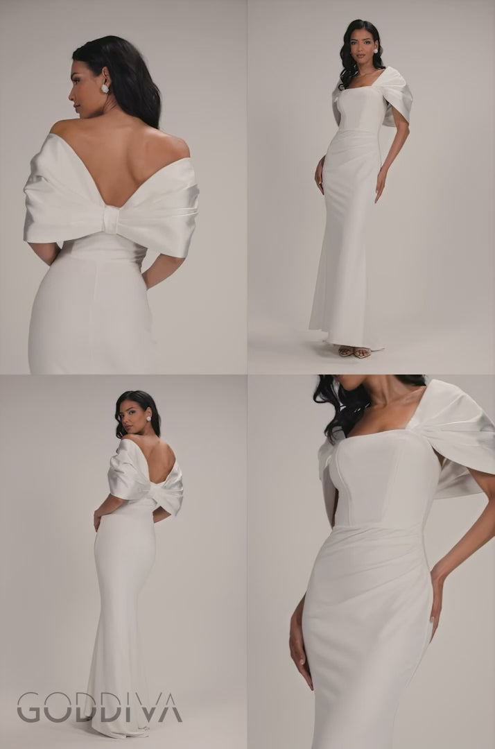 Off Shoulder Back Satin Bow Scuba Maxi Dress - White DR4708
