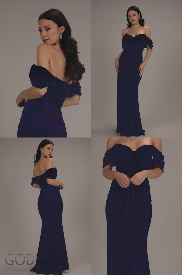 Off Shoulder Bardot Draped Velvet Maxi Dress - Indigo DR5194